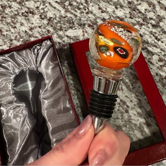 Orange Swirl Art Glass Metal Bottle Topper NEW opaque bar  Orange Swirl Glass Wine Stopper